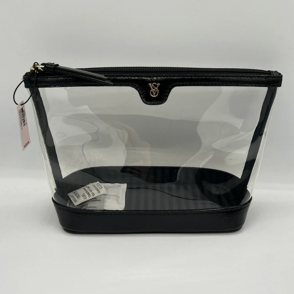 Victoria's Secret Black Clear 2-in-1 Makeup Bag Set Quilted Pouch Gold Logo NWT